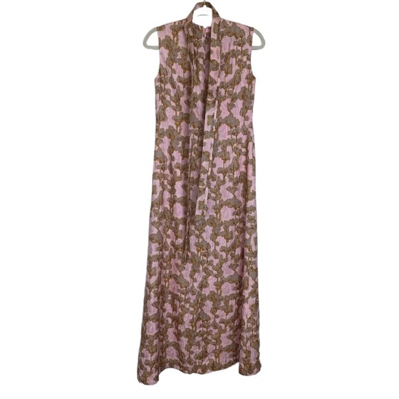 Vintage 60s Handmade Pink Gold Floral Keyhole Maxi Dress Fully Lined Size XS - Picture 3 of 8